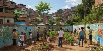 Comunidade engajada em projeto social no Brasil, com pessoas plantando árvores e pintando um mural, simbolizando colaboração e impacto.