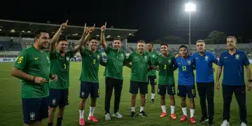 Equipe brasileira de futebol comemorando vitória, simbolizando gestão esportiva de sucesso e liderança eficaz.