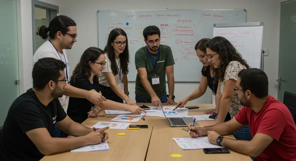 Líderes comunitários e gestores de projetos sociais discutindo estratégias de engajamento em uma reunião produtiva.