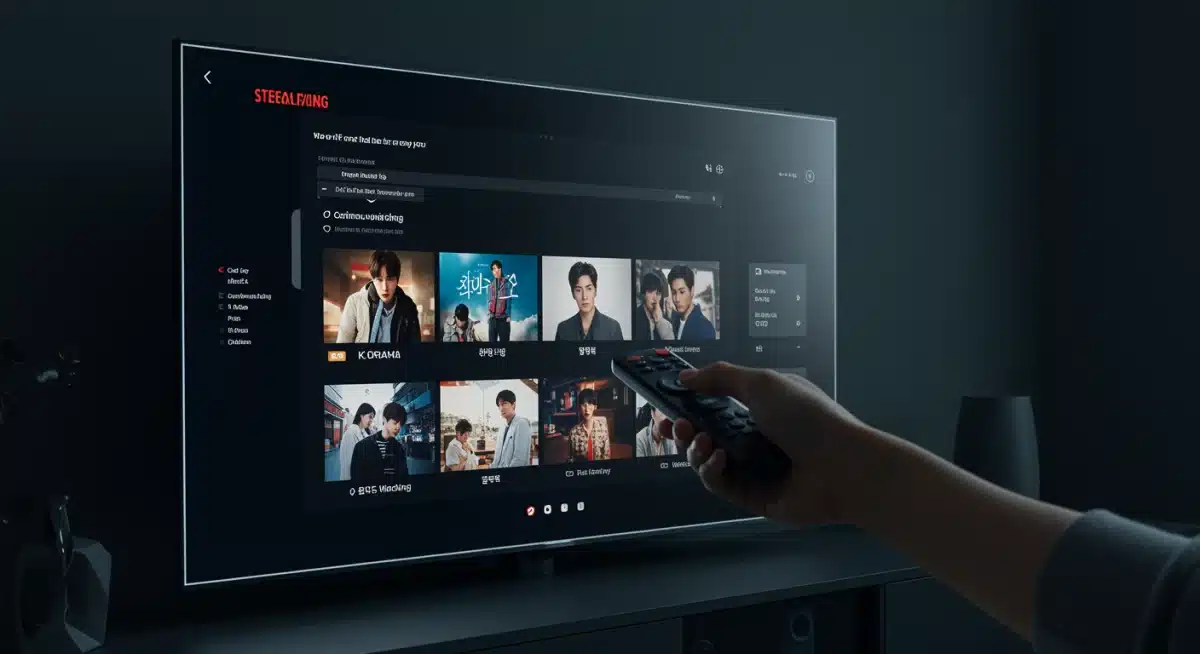 Mão segurando controle remoto navegando por interface de streaming de K-Drama em TV, destacando a experiência do usuário e eficiência tecnológica.