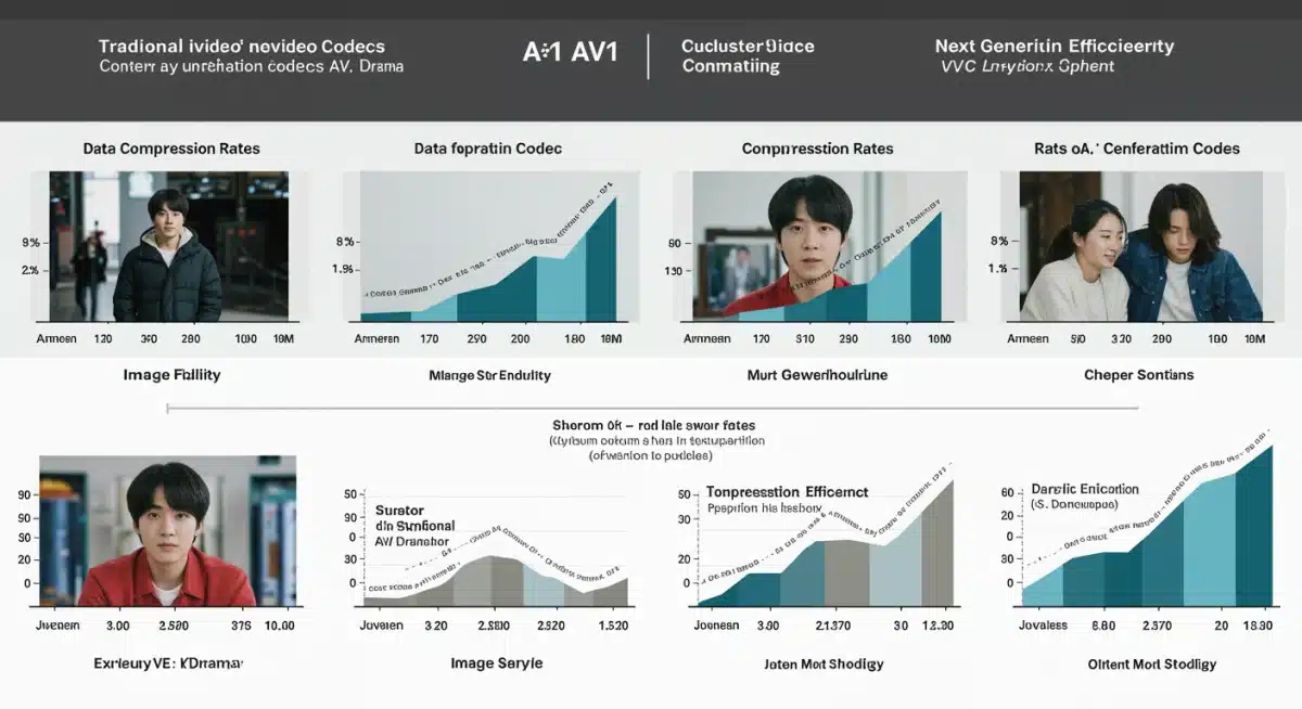 Gráfico comparativo de codecs de vídeo tradicionais e de próxima geração, destacando AV1 e VVC com exemplos de K-Dramas.