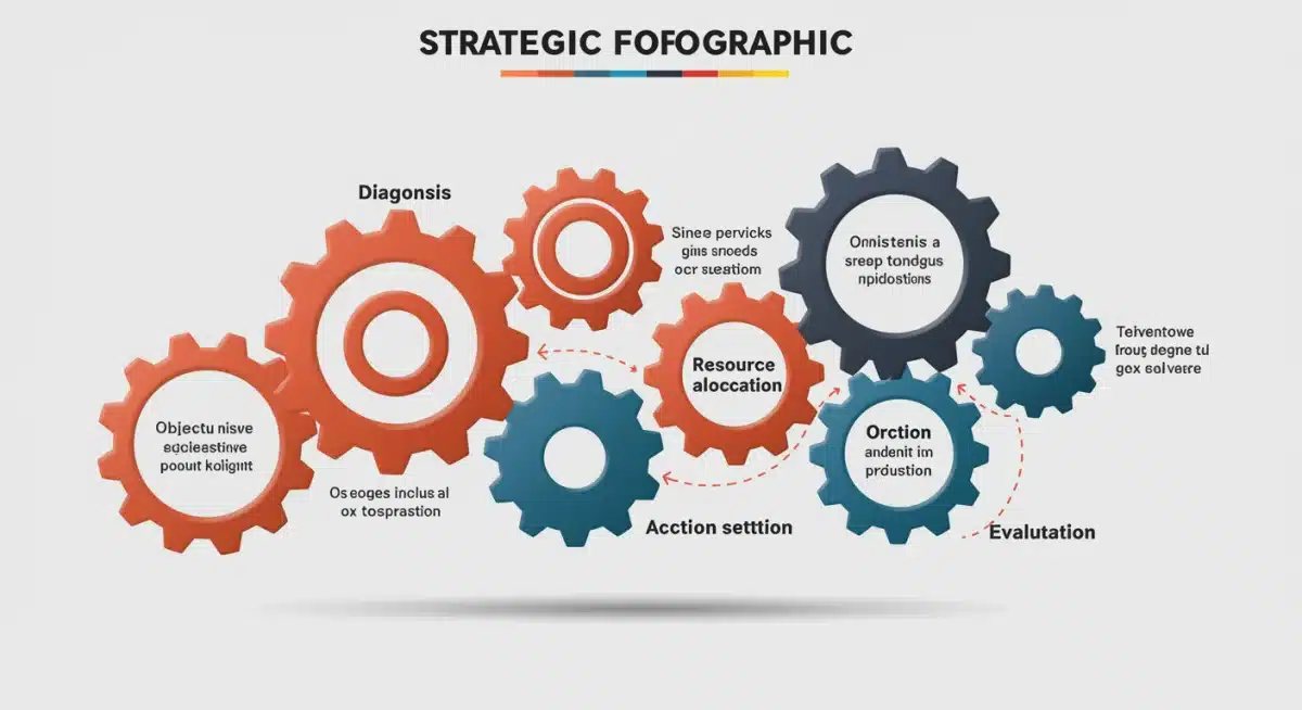 Infográfico com seis engrenagens interconectadas, representando os passos do planejamento estratégico para projetos sociais.