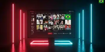 Interface digital colorida de plataforma de streaming de K-Drama com thumbnails de séries, simbolizando tecnologia e entretenimento no Brasil.