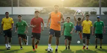 Jovens atletas brasileiros em treinamento intensivo, com foco no desenvolvimento de base para o futuro do esporte nacional.