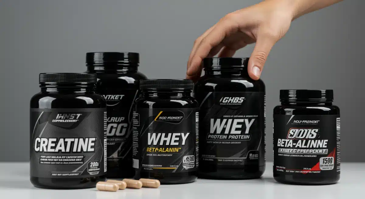 Variedade de suplementos essenciais para atletas brasileiros, incluindo creatina, whey protein, beta-alanina e cafeína.