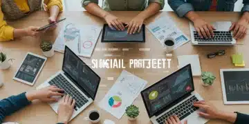 Pessoas de um projeto social utilizando ferramentas digitais para colaboração e gestão em um ambiente moderno.