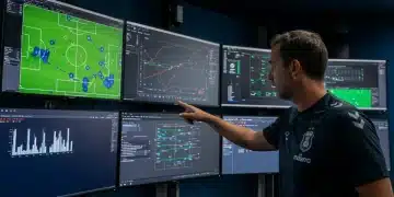 Treinador de futebol analisando gráficos e mapas de calor em um centro de análise de dados, discutindo estratégias com sua equipe.