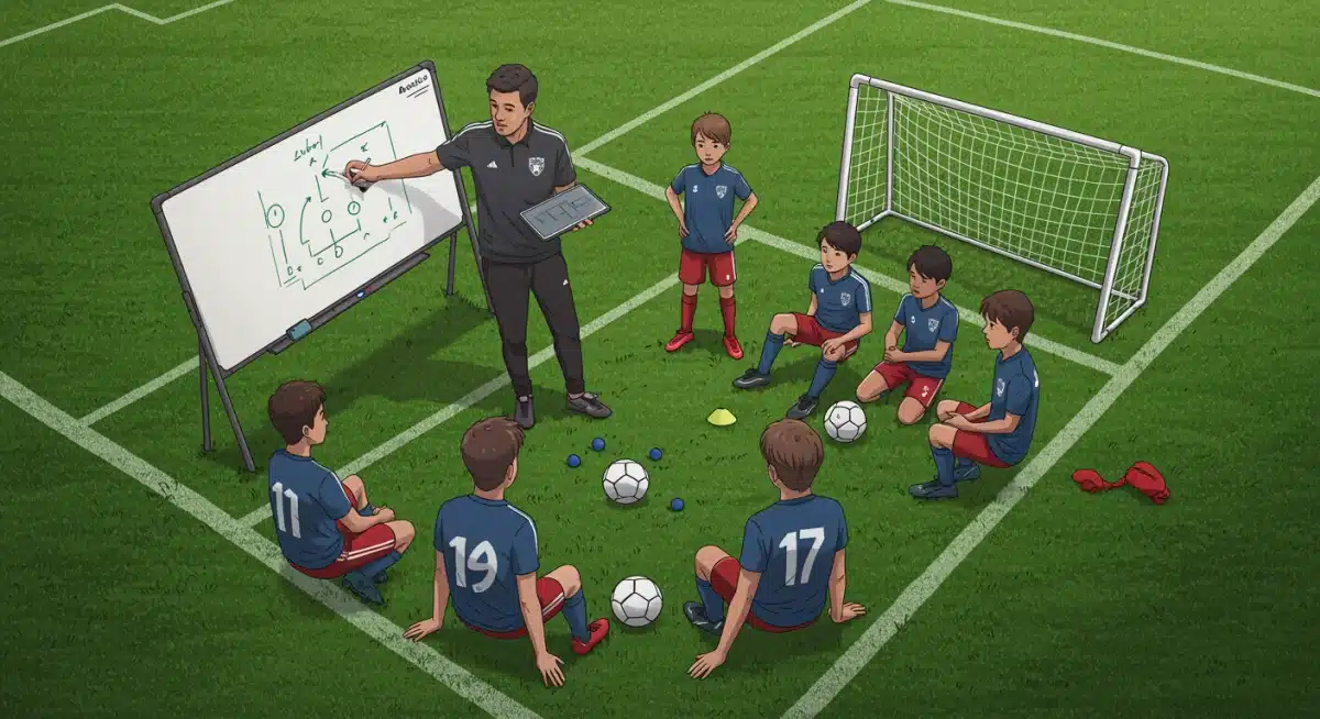 Treinador explicando táticas a jovens jogadores de futebol, aplicando metodologias modernas de formação.