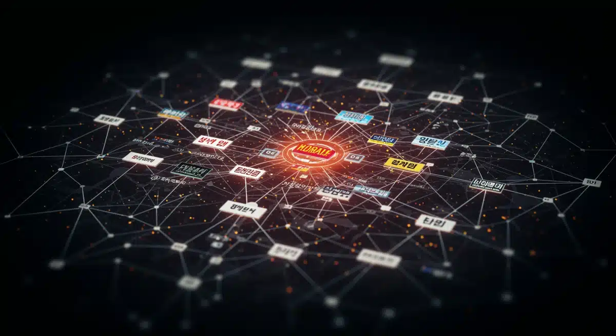 Diagrama complexo de rede neural ilustrando algoritmos de IA para personalização de recomendações de K-Dramas.