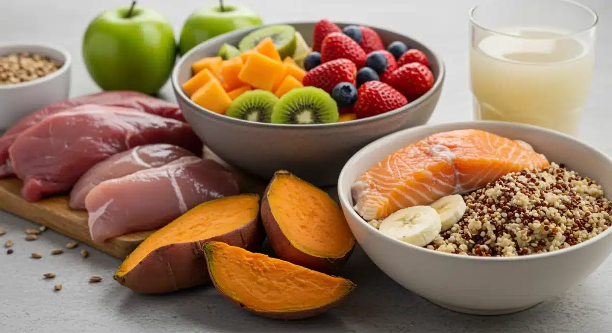 Alimentos ricos em carboidratos e proteínas essenciais para a recuperação muscular de atletas.