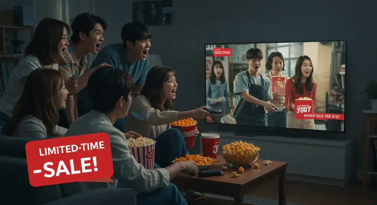 Grupo de amigos assistindo K-Drama em sala de estar, aproveitando as ofertas de Black Friday.