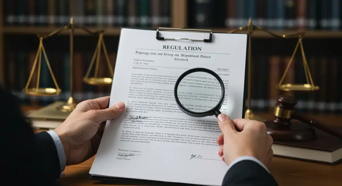 Mãos analisando um documento legal com lupa, simbolizando a revisão de normas e conformidade legal.