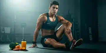 Atleta brasileiro se recuperando após treino intenso com foco em nutrição esportiva e hidratação.