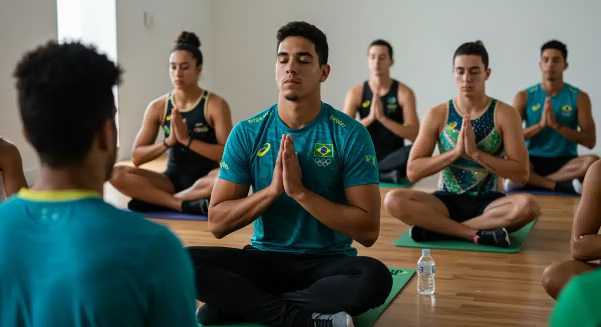 Atletas brasileiros praticando meditação guiada para aprimorar o foco.
