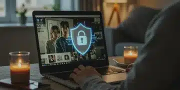 Pessoa assistindo K-Drama no laptop com escudo de cibersegurança, protegendo dados