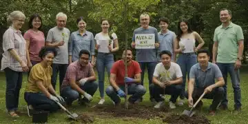 Pessoas colaborando em um projeto social, simbolizando a medição de impacto social e o trabalho em equipe.