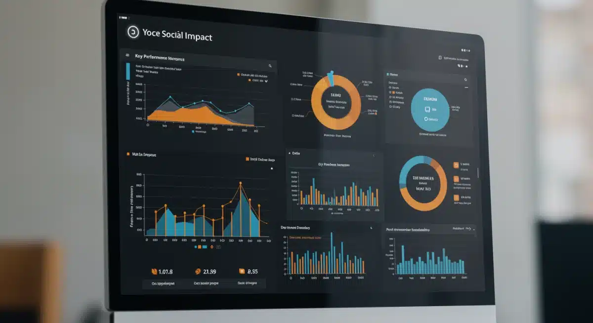 Painel de controle com visualização de dados de impacto social, gráficos e métricas de desempenho.