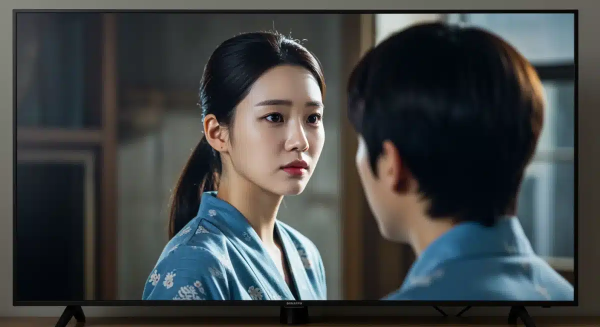 Detalhes de cena de K-Drama em Smart TV, evidenciando pretos profundos e contraste excelente.
