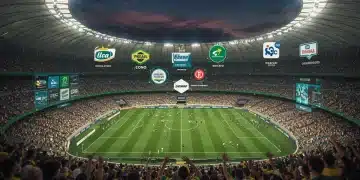 Estádio de futebol brasileiro lotado com logos de patrocínio digital e elementos de engajamento de fãs, simbolizando o futuro do marketing esportivo em 2026.