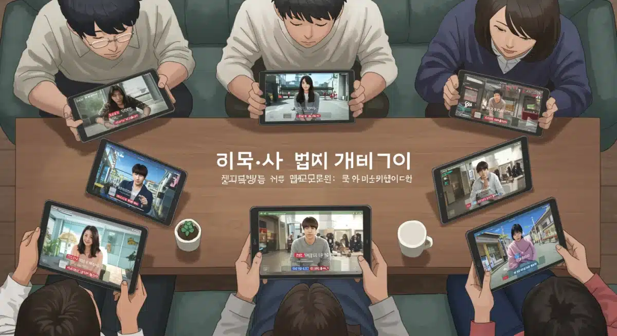 Grupo de pessoas assistindo K-Dramas em dispositivos móveis, com recomendações personalizadas que atendem a diversos gostos e preferências individuais.