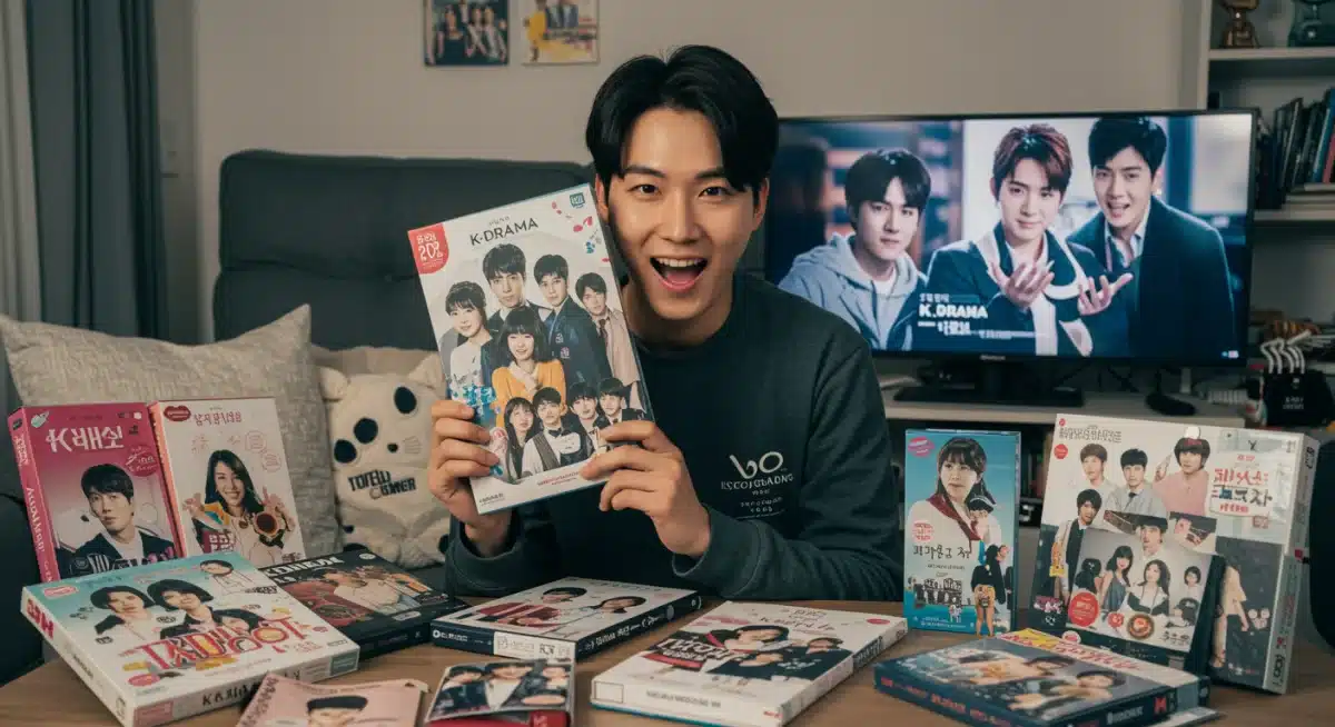 Fã de K-Drama feliz com a compra de um box set em promoção