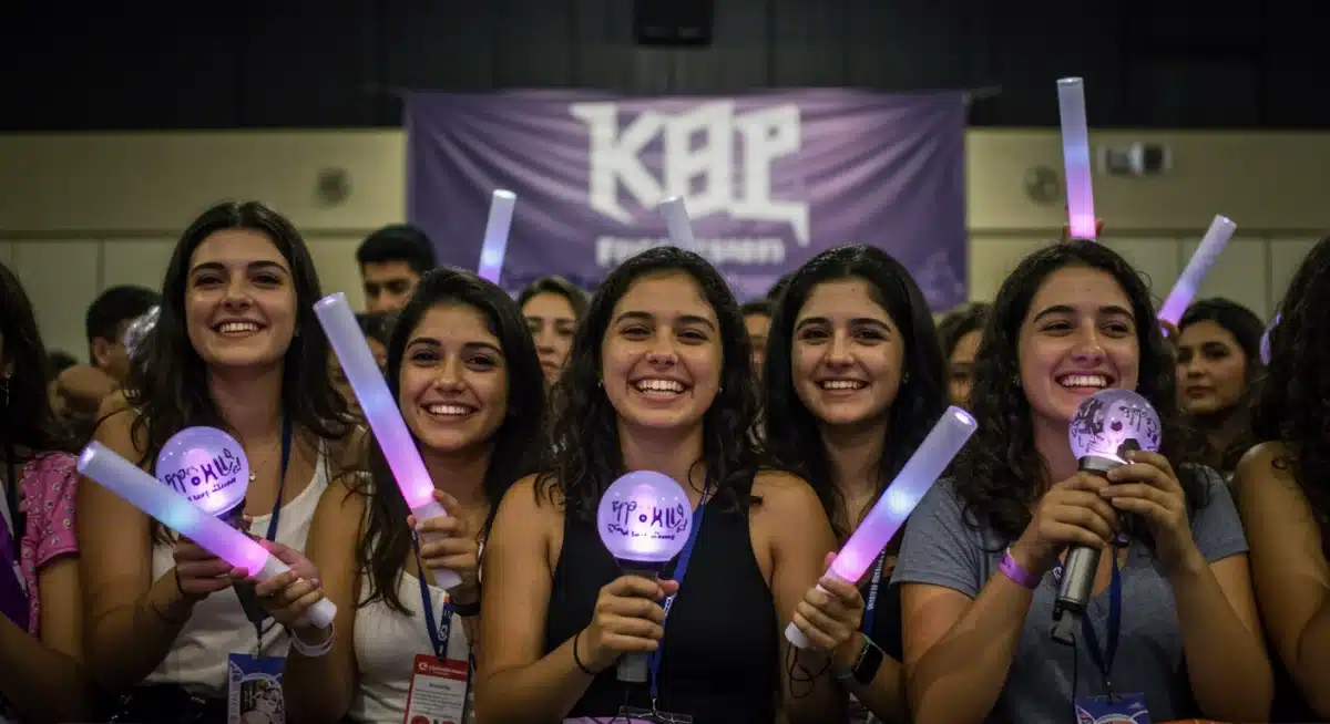 Fãs brasileiros vibrando com lightsticks em um fan meeting de K-Pop, demonstrando a paixão pela cultura coreana.