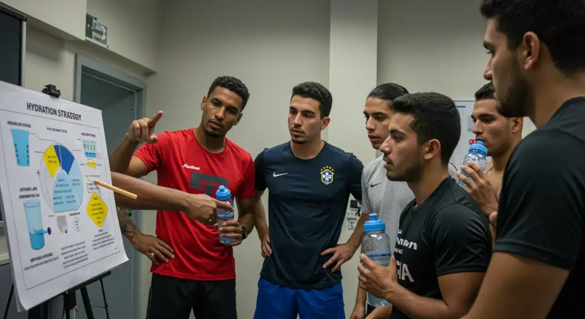 Nutricionista esportivo orientando atletas sobre a importância da hidratação e eletrólitos pós-treino.