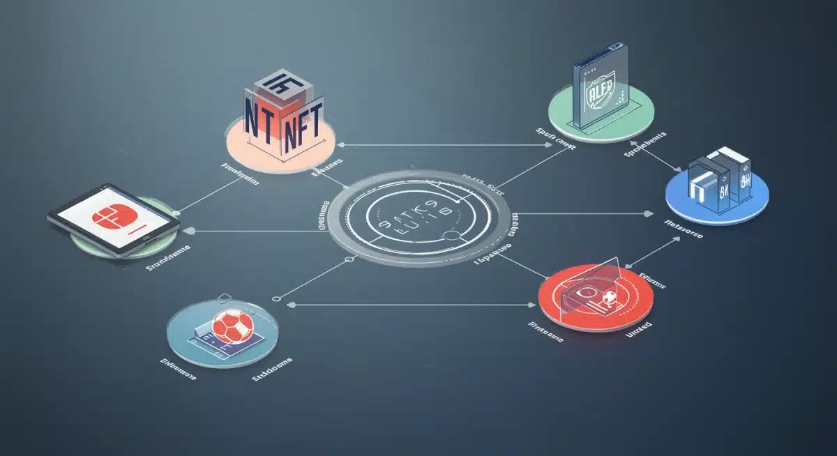 Ilustração de plataformas digitais interconectadas (redes sociais, streaming, NFTs, metaverso) com a marca de um clube esportivo, representando a integração digital e o engajamento dos fãs.