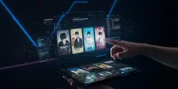 Interface futurista de aplicativo de recomendação de K-Drama com sugestões personalizadas e elementos holográficos, representando o ano de 2026.
