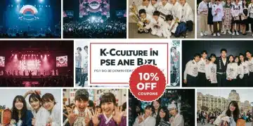 Pessoas animadas em um concerto de K-Pop no Brasil, com sobreposição de cupons de desconto de 10% para eventos de K-Culture.