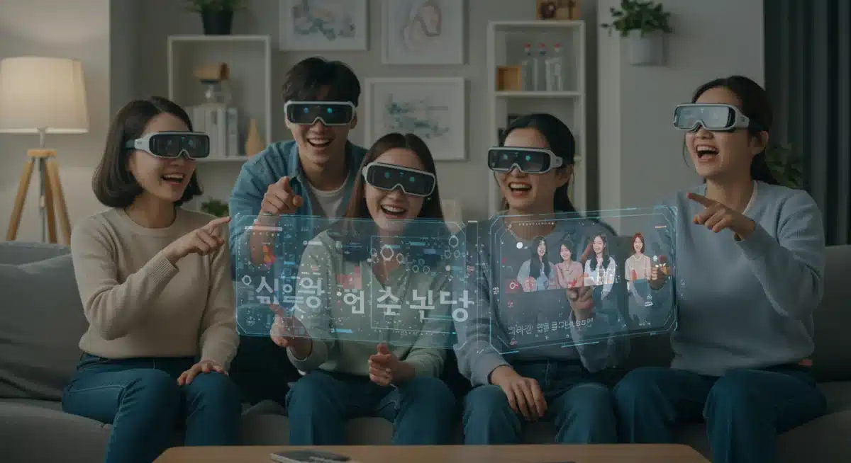 Amigos assistindo K-Drama com óculos de realidade aumentada, interagindo com personagens holográficos.