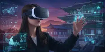 Mulher usando óculos de realidade virtual imersa em cena futurista de K-Drama com elementos de RA.