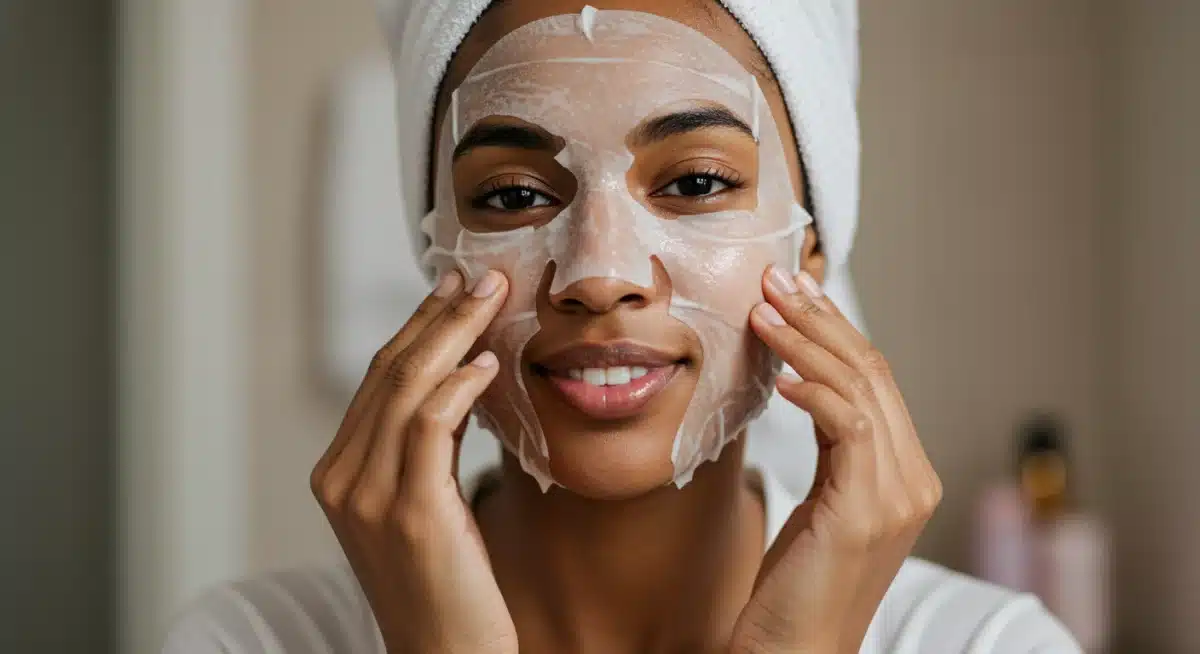 Mulher aplicando máscara facial coreana, demonstrando o uso e os benefícios dos produtos de skincare.
