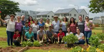Pessoas diversas trabalhando juntas em um projeto social comunitário no Brasil, simbolizando o impacto das PPPs.