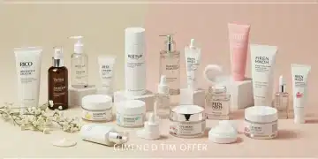Variedade de produtos de beleza coreana com embalagens elegantes e coloridas, simbolizando a oportunidade de descontos progressivos.