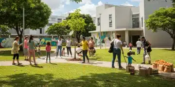 Pessoas participando ativamente de um projeto social comunitário no Brasil, plantando árvores e pintando um mural.