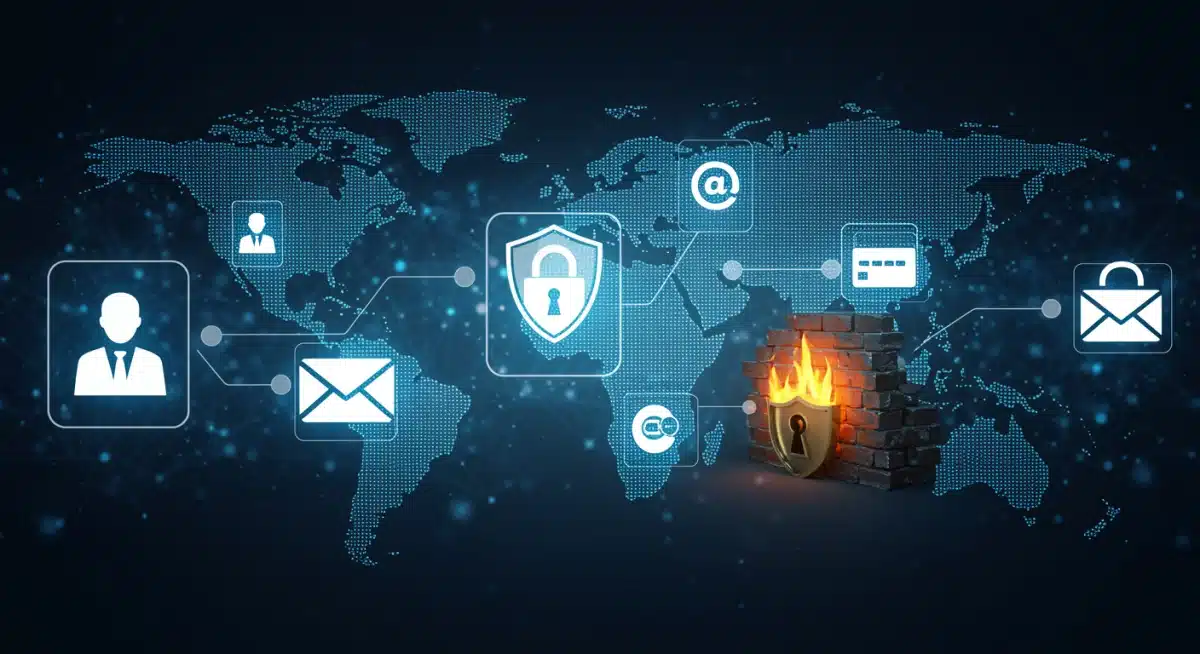 Fluxo de dados pessoais sendo protegido por firewall e criptografia online