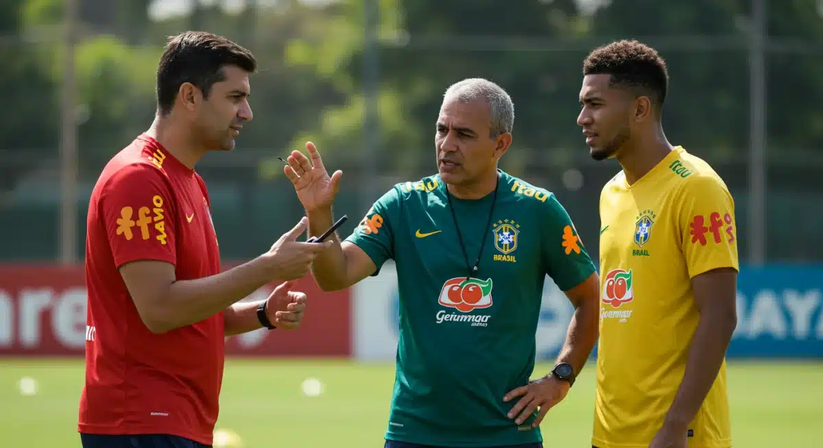 Psicólogo esportivo orientando atleta brasileiro sobre auto-fala positiva.