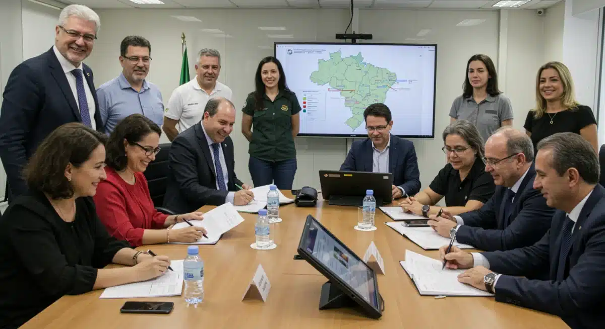 Líderes governamentais e empresariais em reunião estratégica para discutir parcerias público-privadas em projetos sociais no Brasil.