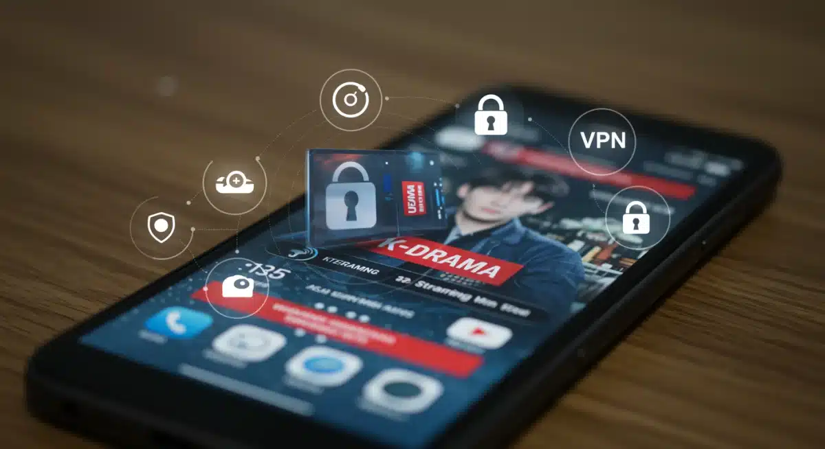 Smartphone com aplicativo de streaming K-Drama e ícones de segurança digital