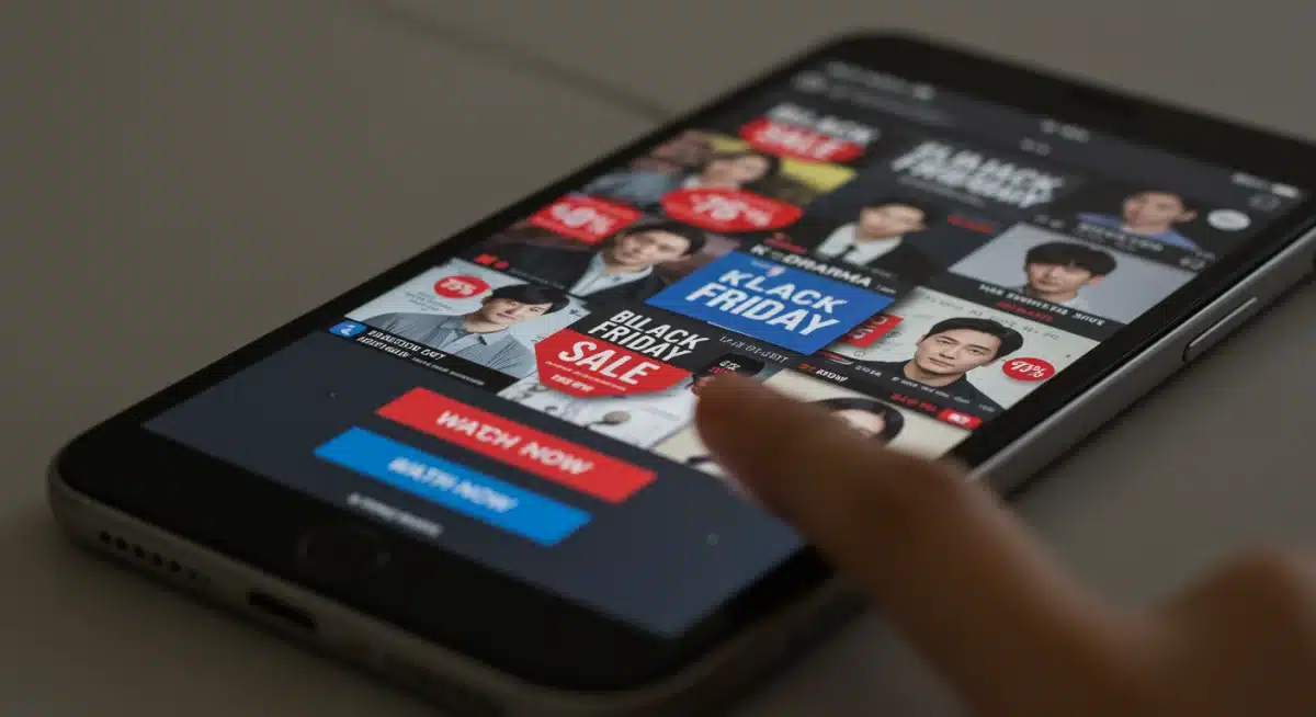 Tela de celular exibindo plataforma de streaming com promoções de Black Friday em K-Dramas.