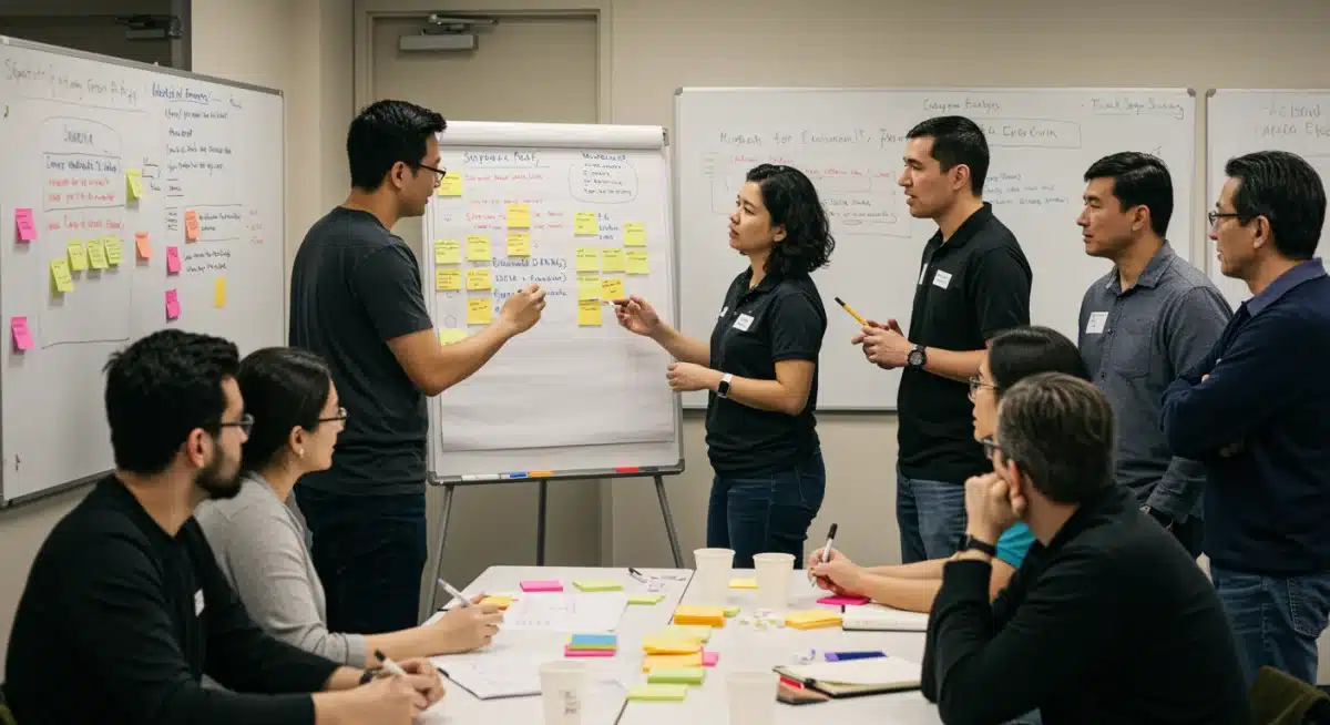 Grupo diverso em workshop, planejando estratégias de avaliação de projetos sociais com participação comunitária.