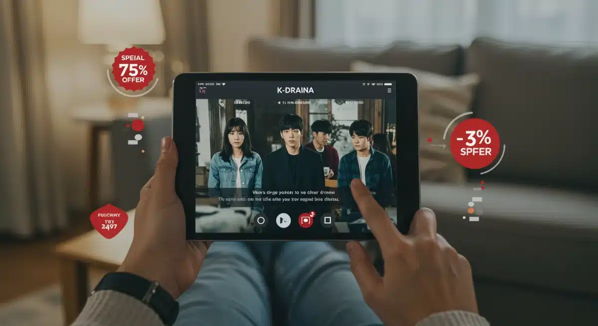 Mãos segurando um tablet assistindo K-Drama em uma sala aconchegante, simbolizando a experiência de streaming.