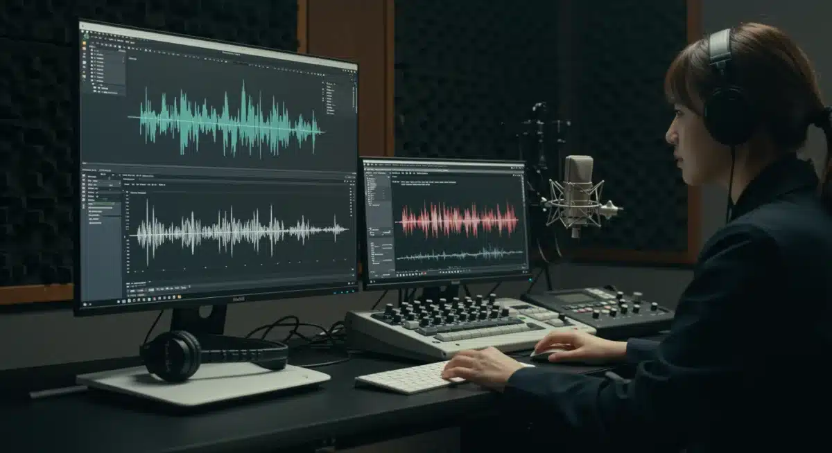 Estúdio de dublagem com IA assistindo tradutor humano em K-Dramas