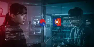 Interface digital futurista traduzindo K-Drama para português com IA