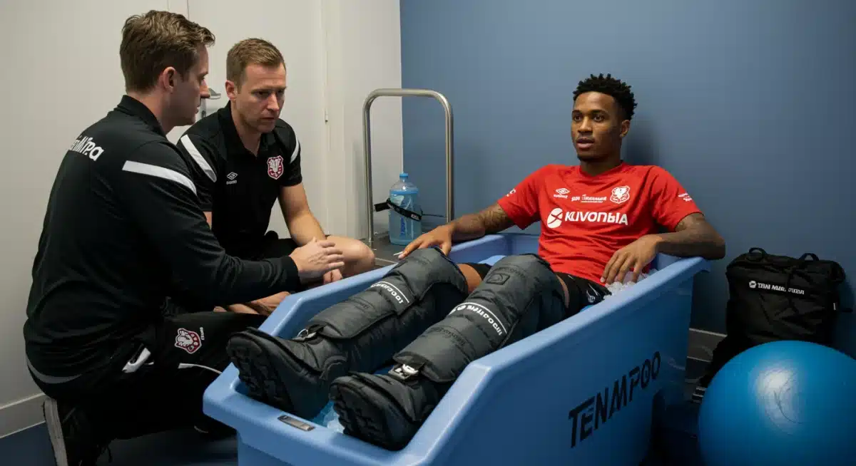 Jogador de futebol em sessão de recuperação com botas de compressão, monitorado por fisioterapeuta, ilustrando a importância da recuperação no alto rendimento.