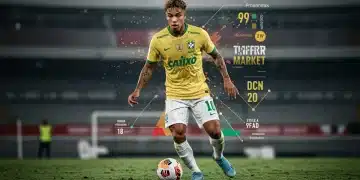 Jovem talento brasileiro em campo, com gráfico de valorização e mercado de transferências ao fundo.