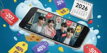 Pessoas assistindo K-Drama em smartphone com ícones de desconto e o ano 2026, representando ofertas de streaming.