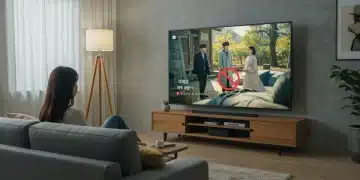 Mulher assistindo K-Drama em TV de alta definição sem buffering, em sala aconchegante.