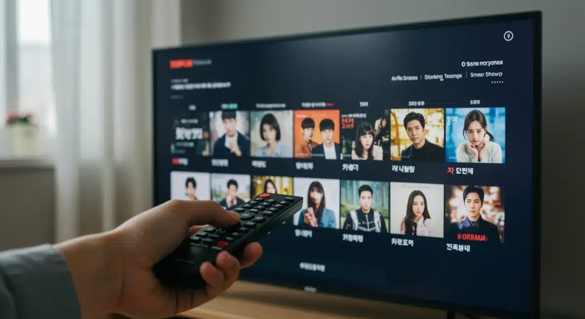 Mão segurando controle remoto navegando em interface de streaming de K-Dramas.